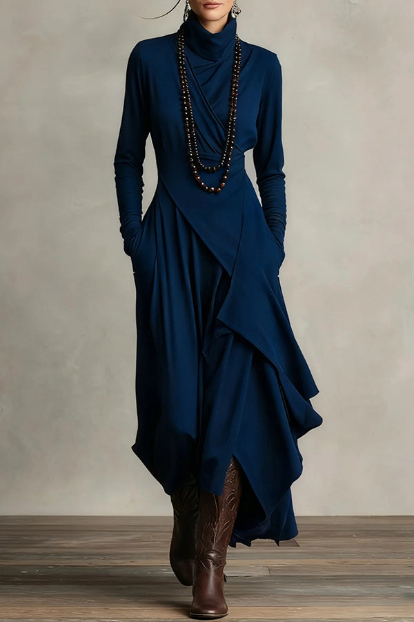 Solid Color High-neck Long-sleeved Irregular Casual Maxi Dress