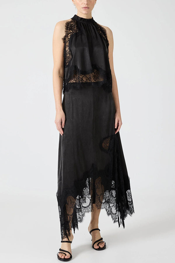Modern Muse Satin Lace Trim Pleated Neck Top and A-line Irregular Slit Skirt Set
