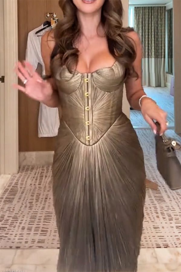 Vegas Queen Metallic Pleated Sculpted Bodice Back Lace-up Drape Maxi Dress