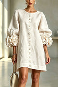 Rima Linen Blend Flowers Button Down Floral Cuffs Half Sleeve Mini Dress