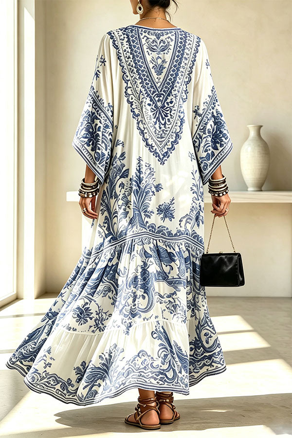 Blue and White Porcelain Print V-Neck Wide Sleeve Cover-up Maxi Dress