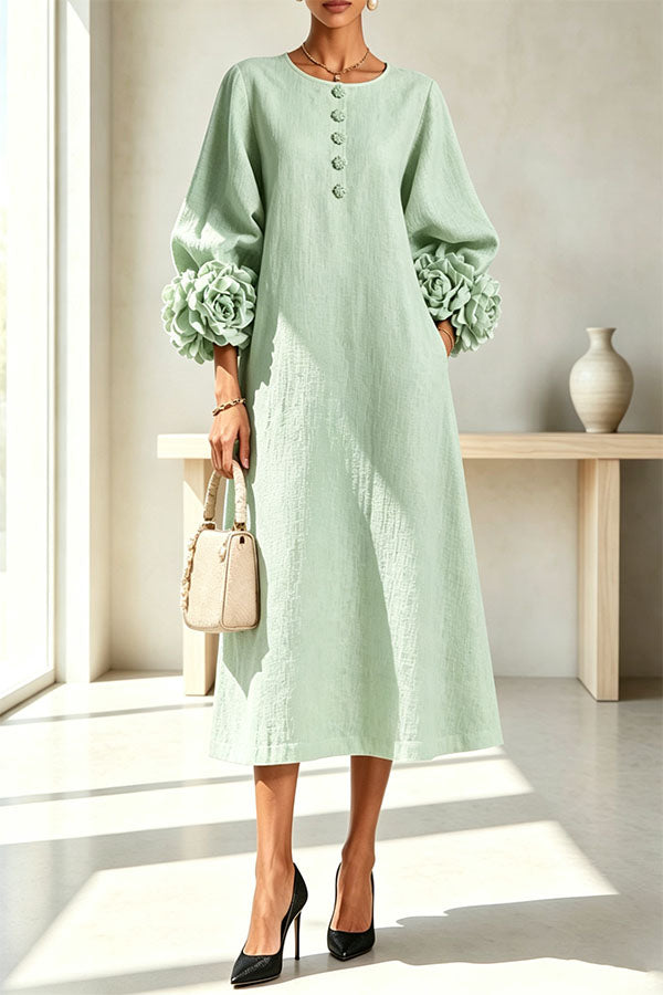 Rima Linen Blend Flowers Button Down Floral Cuffs Half Sleeve Pocket Midi Dress