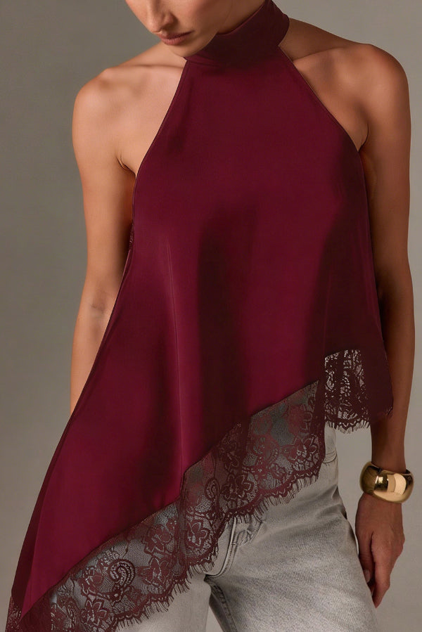 Solid Color Satin Sleeveless Lace Hem Loose Top