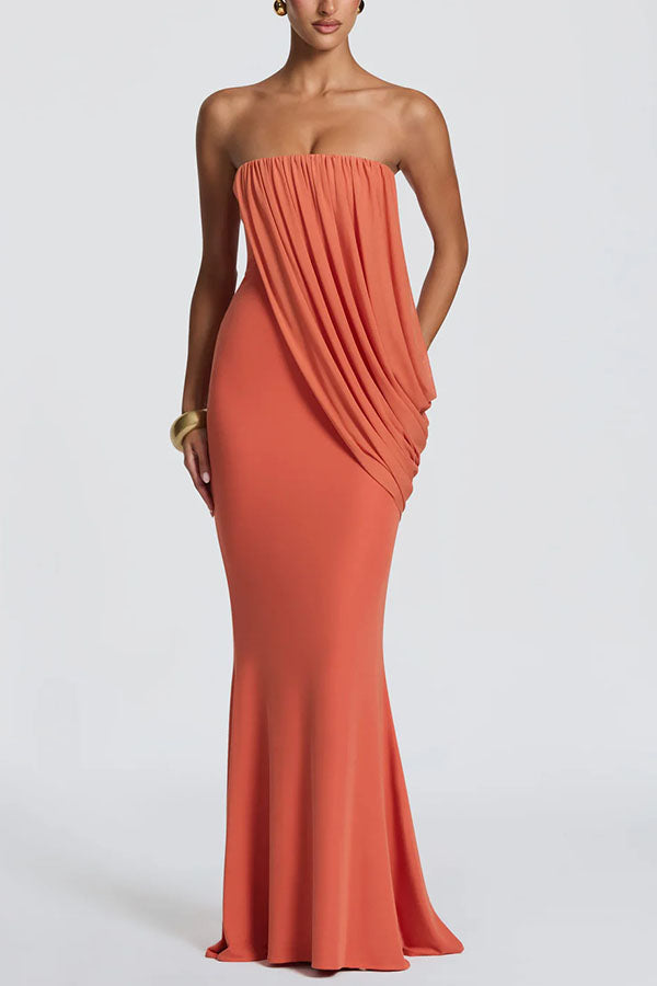 Vienna Modal Jersey Ruched Asymmetric Draped Mesh Strapless Maxi Dress
