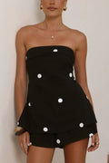 Polka Dot Print Sleeveless Off-shoulder Top and Elastic Waist Casual Pocket Shorts Set