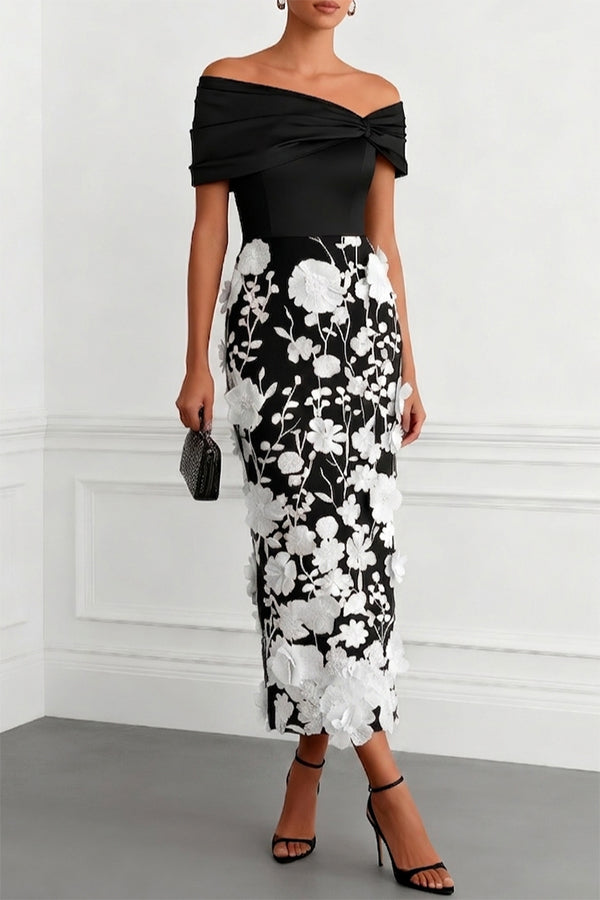 Classic 3D Floral Embroidery Off The Shoulder Short Sleeve Sheath Midi Dress