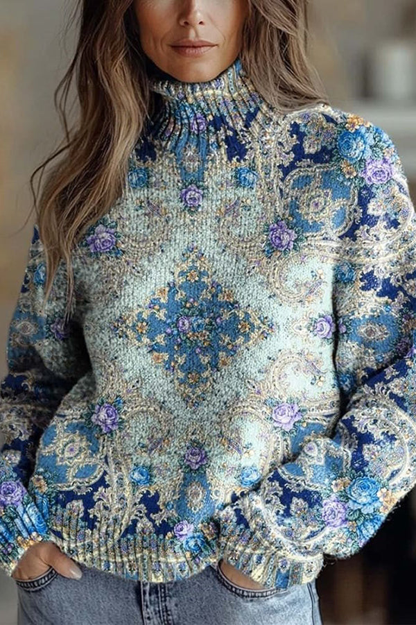 Floral Pattern High-Neck Long-Sleeved Loose Sweatshirt