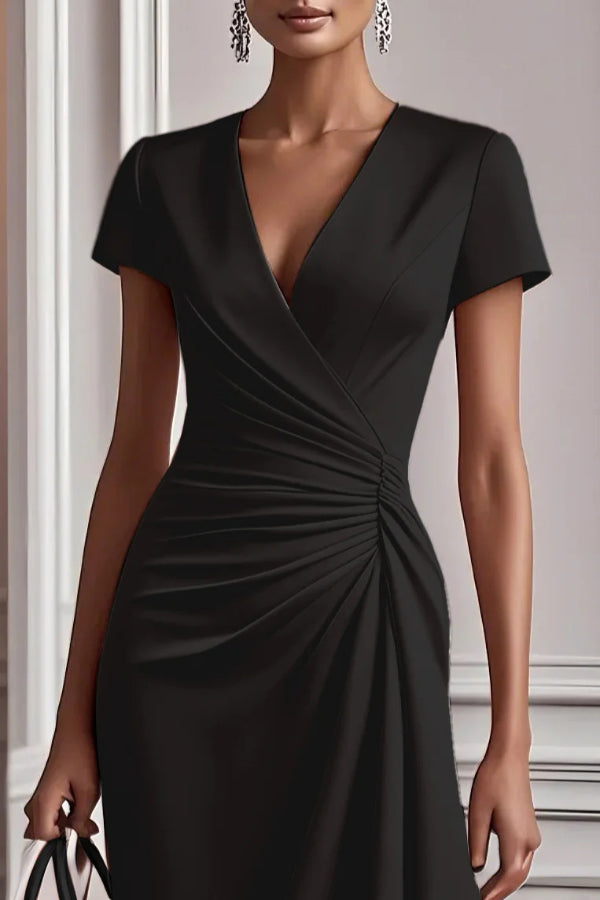 Stylish V-neck Short-sleeved Pleated Waist Elegant Mini Dress