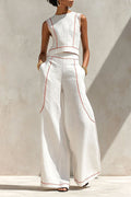 Elysia Contrast-Stitch Linen Two-Piece Set