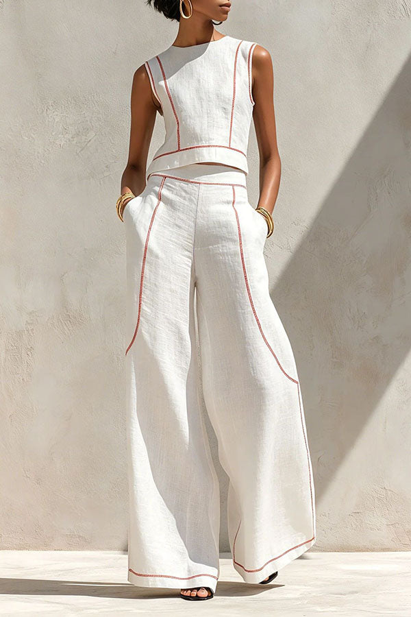 Elysia Contrast-Stitch Linen Two-Piece Set