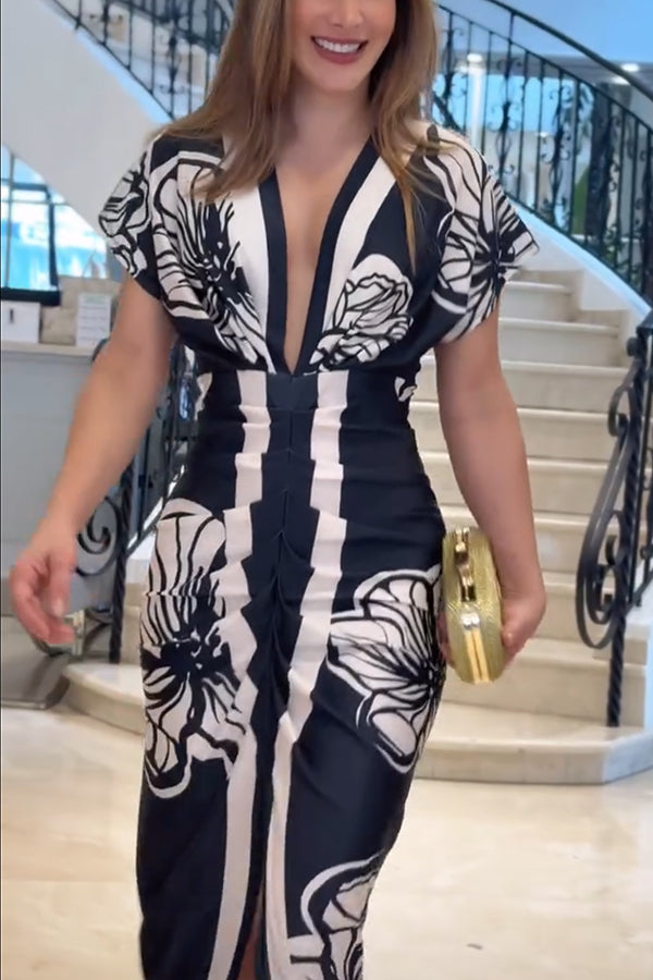 Bella Contrast Color Unique Print Dolman Sleeve Ruched Slit Midi Dress
