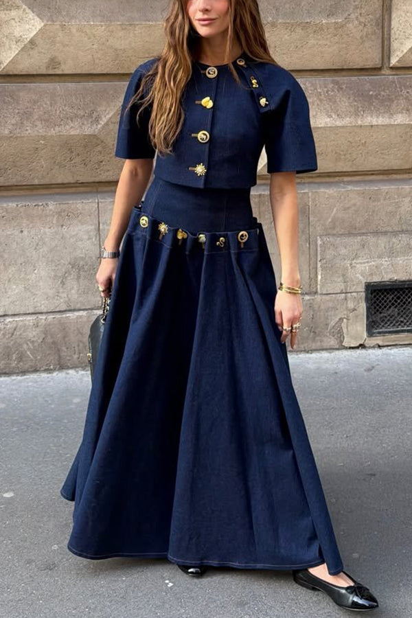 Custom Look Denim Unique Metal Pattern Buttons Slit Half Sleeve Crop Jacket