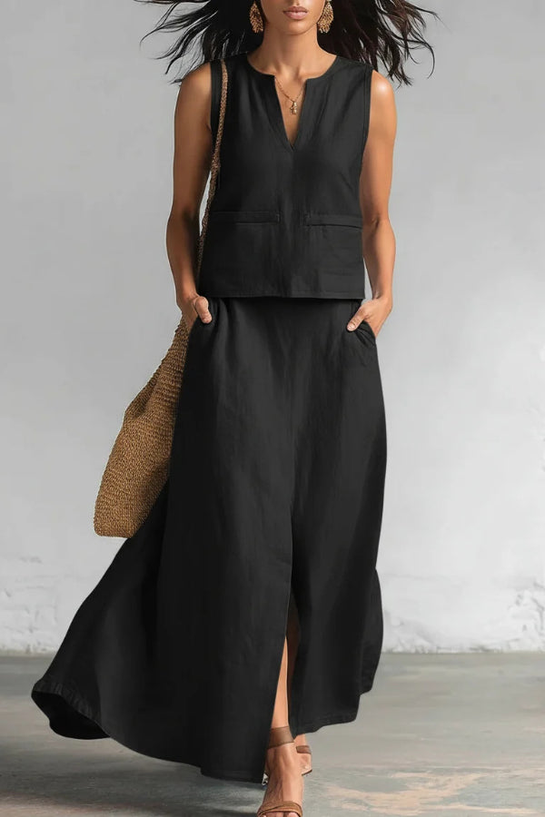 Linen Blend Loose V-neck Sleeveless Top and Elastic Waist Casual Pocket Midi Skirt Set