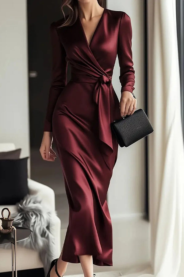 Solid Color Satin V-neck Long Sleeve Waist Tie Slim Midi Dress