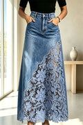 Stylish and Elegant Denim Side Panels Flower Crochet Lace Pocket Maxi Skirt