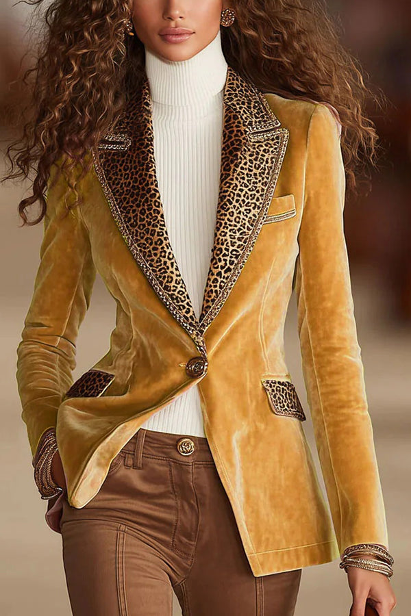 Gold Velvet Leopard Print Patchwork Lapel Long Sleeve Elegant Blazer