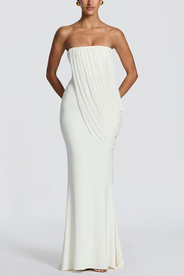 Vienna Modal Jersey Ruched Asymmetric Draped Mesh Strapless Maxi Dress
