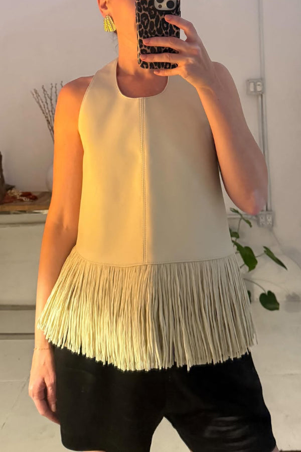 Stylish Halter Neck Sleeveless Leather Tassel Loose Top