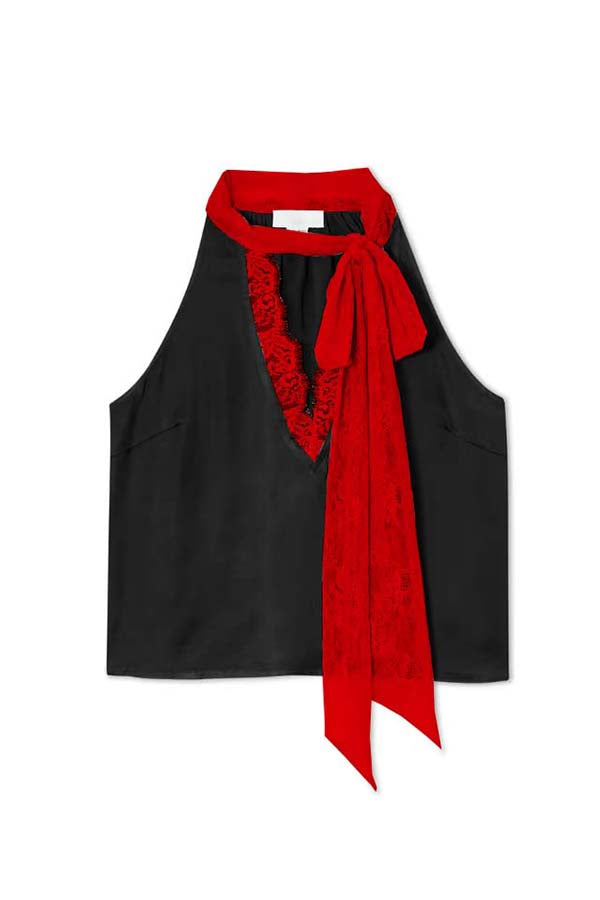 Sunday Social Contrast Color Satin Lace Trim Neck Strap Loose Tank