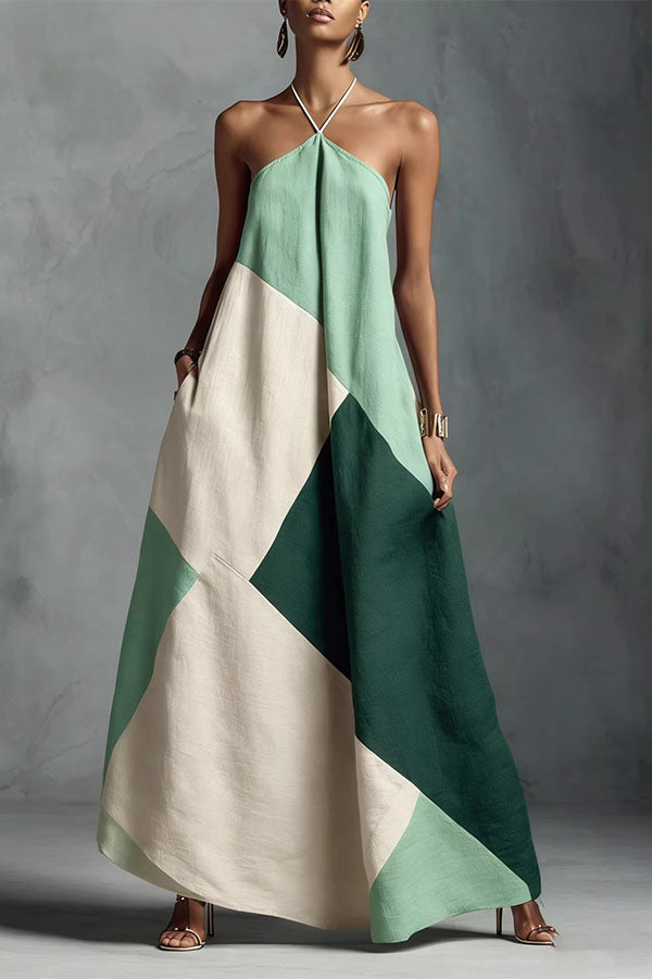 Tuscan Sun Geometric Patchwork Halter Dress