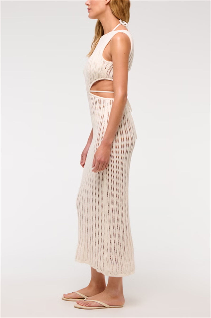 Beach Day Crochet Knit Cutout Waist Coverup Stretch Maxi Dress