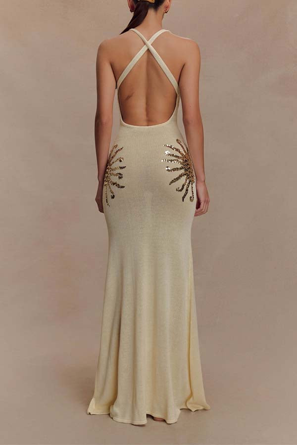 Sparkling Nights Knit Sunburst Sequin Detail Back Cross Straps Stretch Maxi Dress