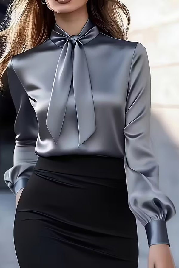 Solid Color Satin Long-sleeved Casual Tie-front Shirt