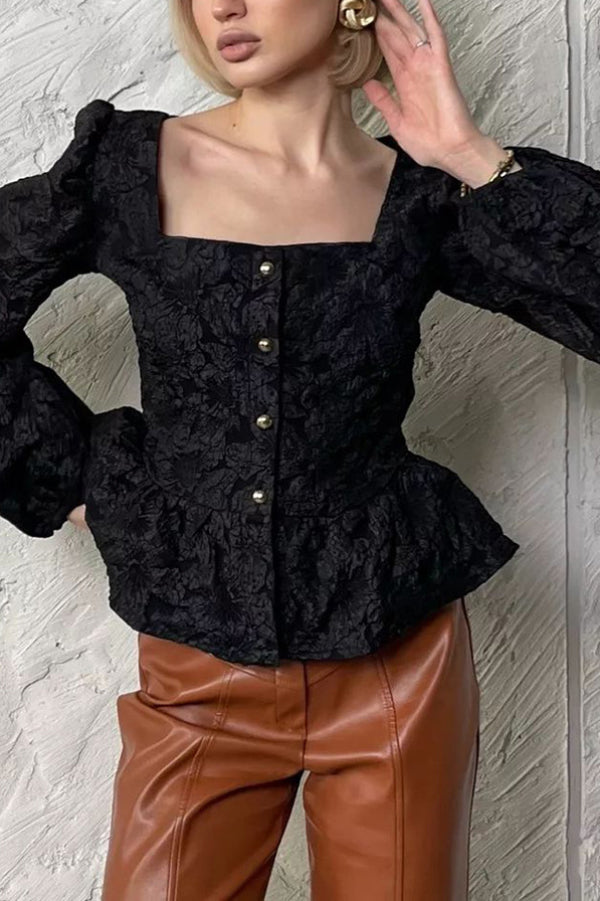 Solid Color Jacquard Square Neck Puff Sleeve Elegant Button Top