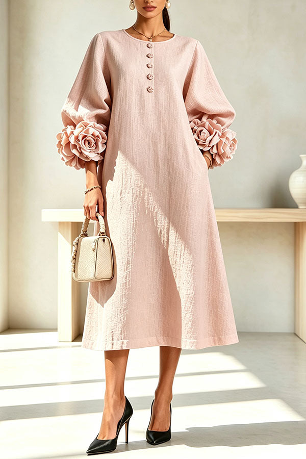 Rima Linen Blend Flowers Button Down Floral Cuffs Half Sleeve Pocket Midi Dress