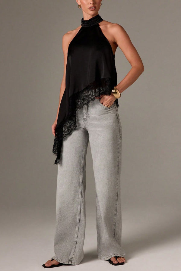 Solid Color Satin Sleeveless Lace Hem Loose Top