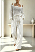 Cutout Knit Long Sleeve Top and Linen Blend Elastic Waist Pocket Pants Set
