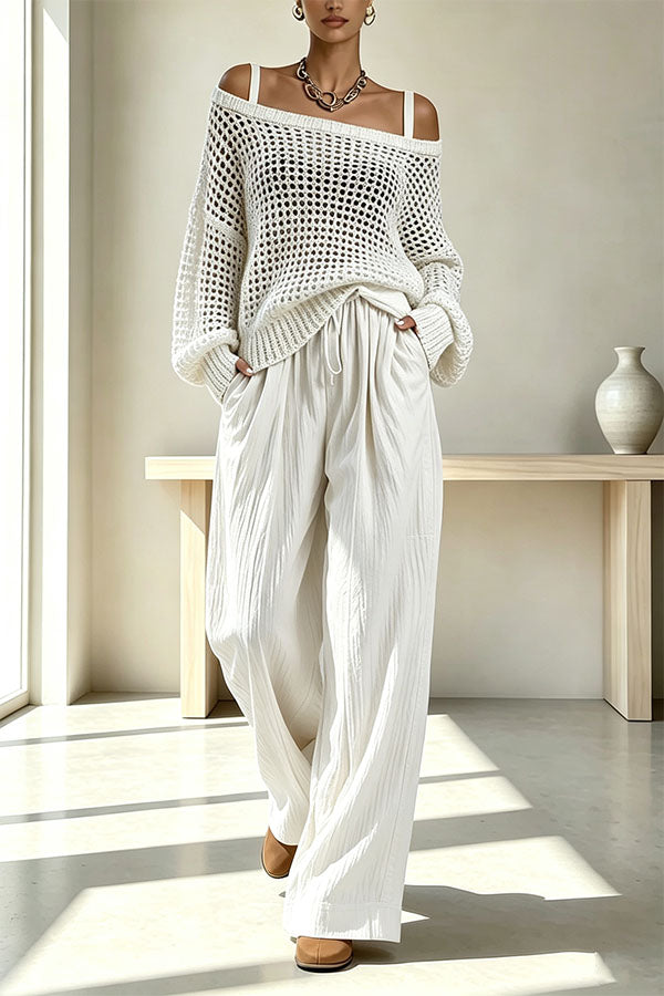 Cutout Knit Long Sleeve Top and Linen Blend Elastic Waist Pocket Pants Set