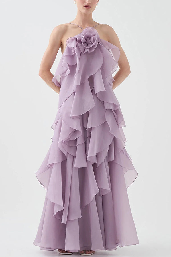 Free - Flowing Rose Detail Tiered Ruffles Halter A-line Maxi Dress