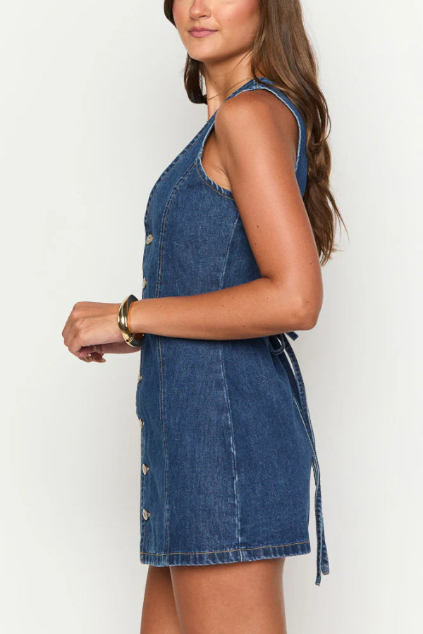 Stylish Sleeveless V-neck Buttons Tie-up Denim Mini Dress