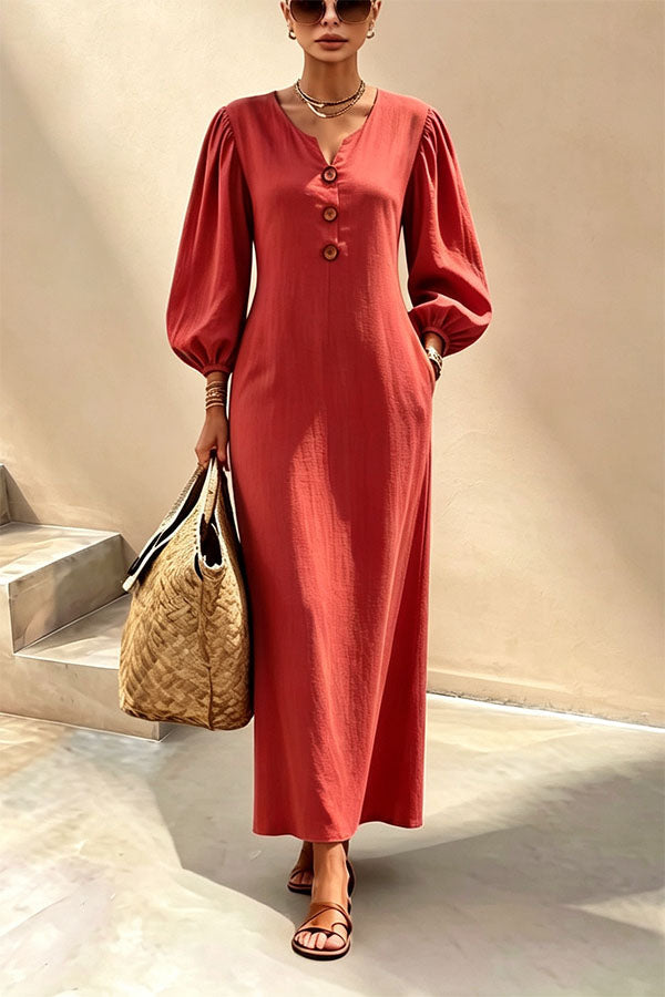 Elegant V-Neck Lantern Sleeve Maxi Dress