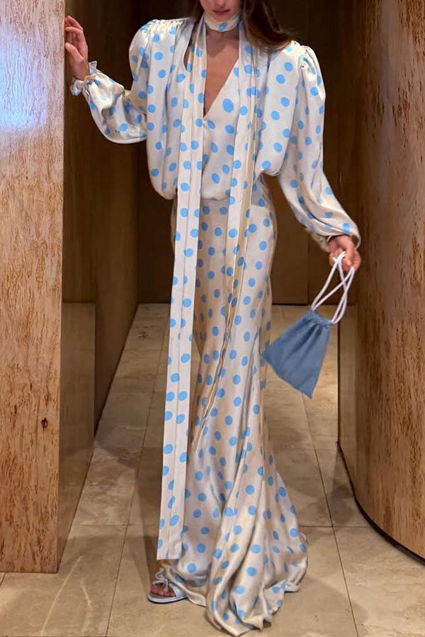 Vayla Satin Colorblock Polka Dot Print Tie-up Neck Balloon Sleeve Loose Blouse