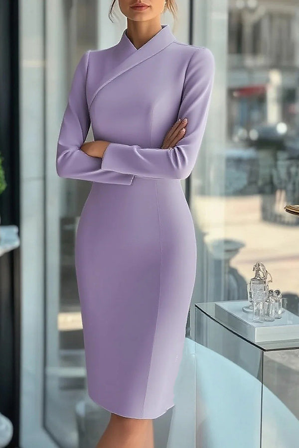 Solid Color High-neck Long-sleeved Slim-fit Midi Dress