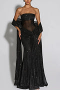 Paula Sequined Mesh and Jersey Off Shoulder Ruched Knot Drape Shawl Maxi Dress
