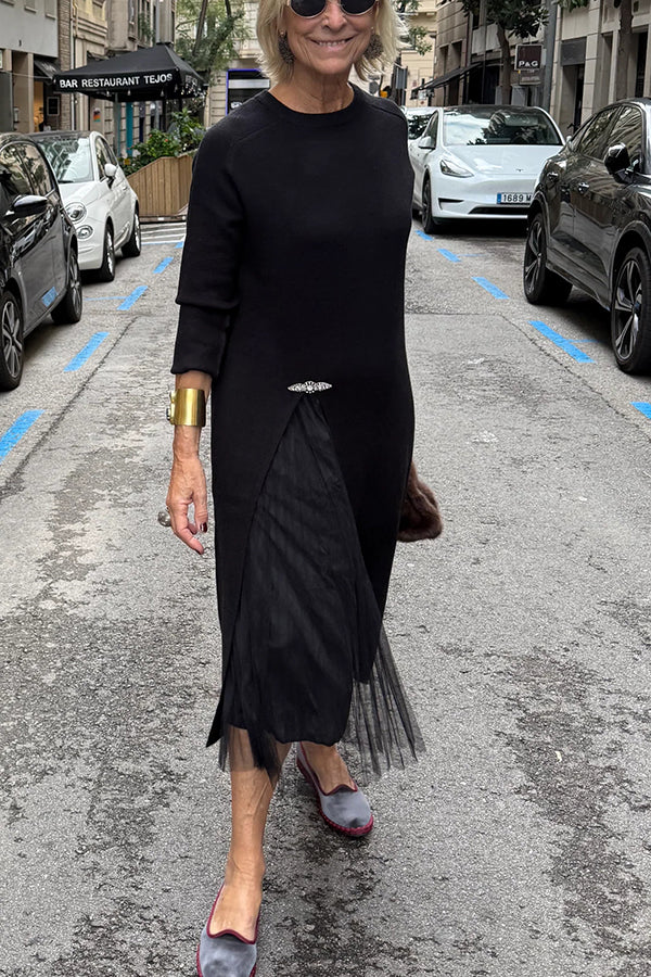 Jollie Knit Long Sleeve Front Slit Midi Sweater and Pleated Tulle Stretch Tank Midi Dress Two-piece Set