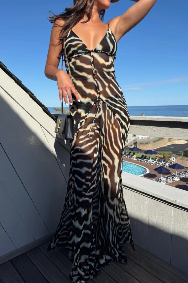 Zebra Print V-neck Camisole Long Mesh Top