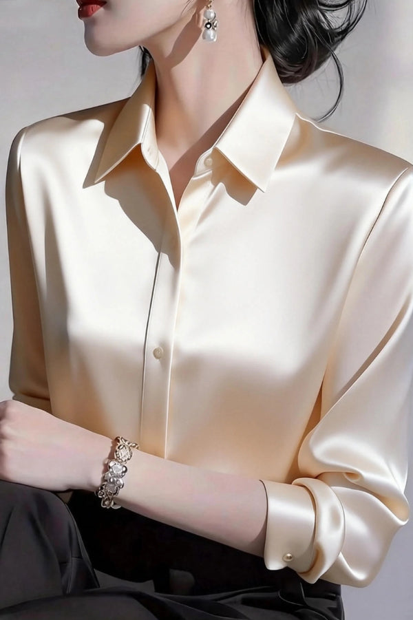 Solid Color Satin Collared Long-sleeved Button-down Casual Shirt