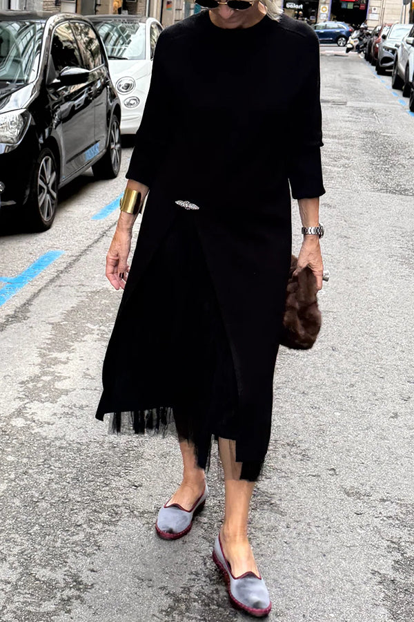Jollie Knit Long Sleeve Front Slit Midi Sweater and Pleated Tulle Stretch Tank Midi Dress Two-piece Set