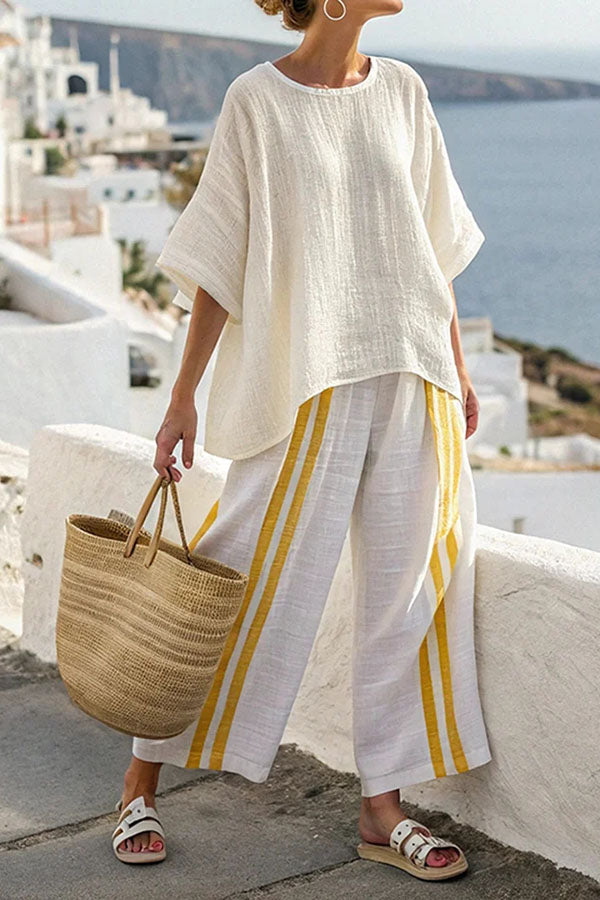 Linen Blend Unique Print Half Sleeve Top and Elastic Waist Pocket Loose Pants Set