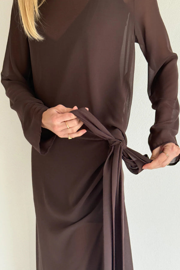 Fashionable Mesh See-through Round Neck Long Sleeve Tie Bow Slit Maxi Dress