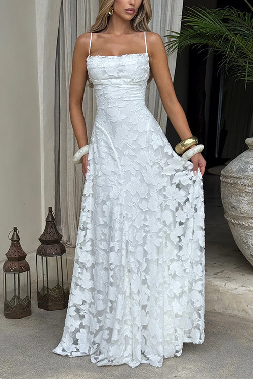 Spaghetti Strap Backless Lace-up Jacquard Maxi Dress