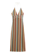 Playful Colorful Knit Holiday Style Halter Neck Maxi Dress