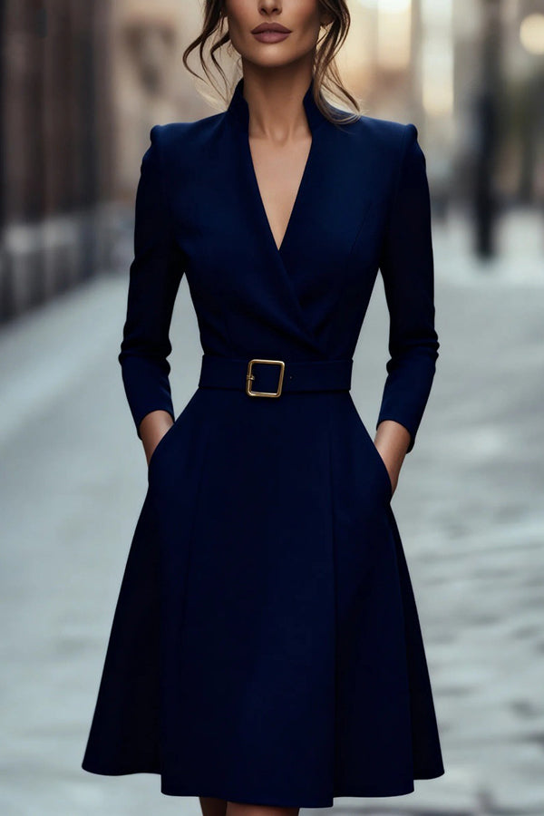 Solid Color V-neck Fitted Waist Long Sleeve Elegant Midi Dress