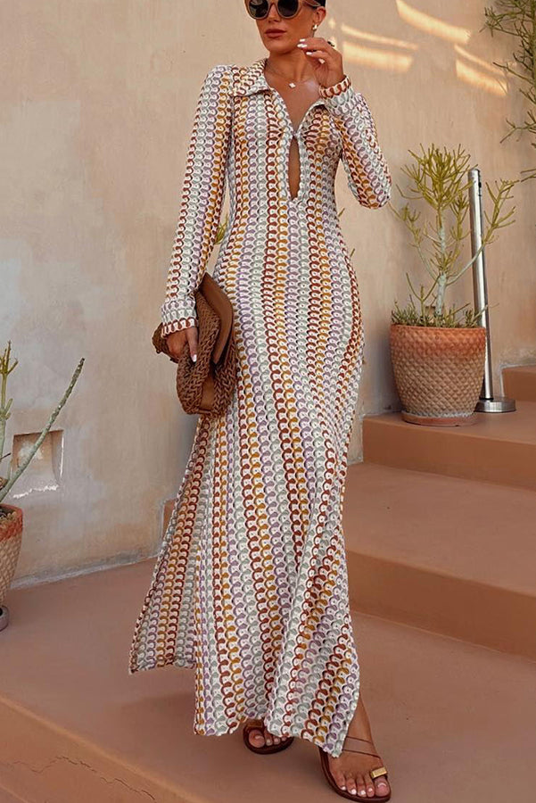 Elegant women's cardigan beach knitted colorful wave print long sleeved vacation dress