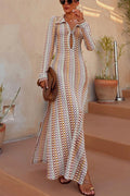 Elegant women's cardigan beach knitted colorful wave print long sleeved vacation dress