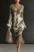 Unique Printed V-neck Long-sleeved Elegant Tassel Hem Midi Dress